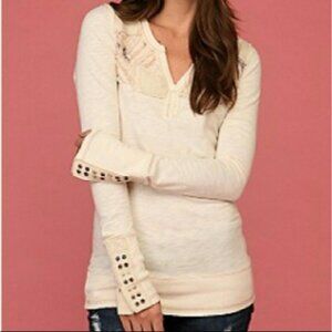 Free People Cream Long Sleeve Patchwork & Button Cuff V-Neck Top